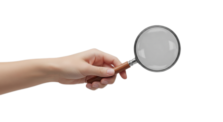 Hand holding magnifying glass isolated on transparent background



