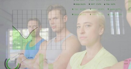 Fitness group standing in gym, fading grid overlays initiating percentages and showing analytics