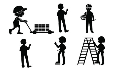 set of man worker silhouette.Big set of silhouettes of working builders.Set of eight silhouettes of construction workers.Silhouette Illustration of Construction Workers and Tools,Construction logo,