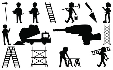 set of man worker silhouette.Big set of silhouettes of working builders.Set of eight silhouettes of construction workers.Silhouette Illustration of Construction Workers and Tools,Construction logo,