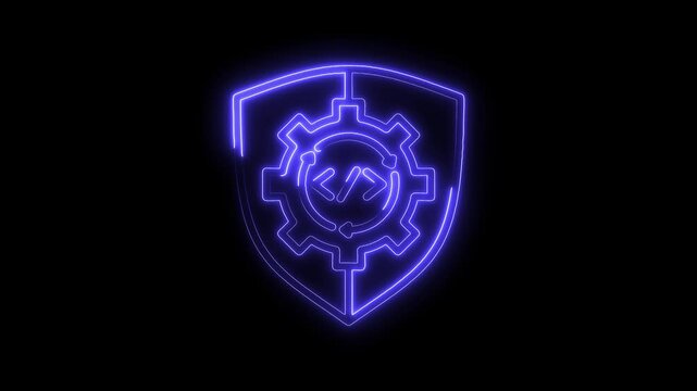 Cyber security solutions animated logo with shield gear and programming code in neon