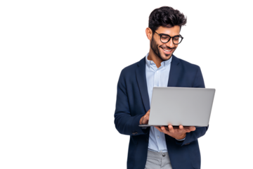 Smiling businessman working on laptop