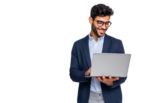 Smiling businessman working on laptop - Powered by Adobe