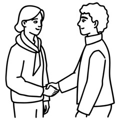 Fototapeta premium Two businesspeople in silhouette shake hands, sealing a deal in an office meeting