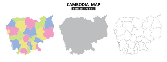 Cambodia map variations are colour coded by regions, solid grey silhouette and outlined with regional borders.