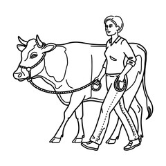 cow and a boy coloring page 