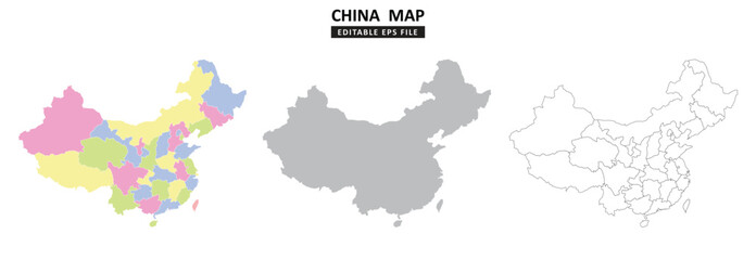 china map variations are colour coded by regions, solid grey silhouette and outlined with regional borders.