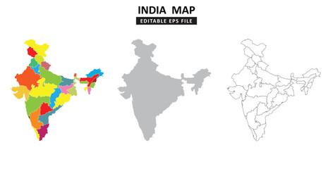 Obraz premium India map variations are colour coded by regions, solid grey silhouette and outlined with regional borders.