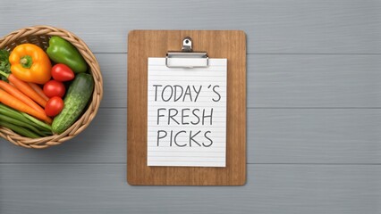 Fresh Organic Food at Local Farmstand Market Series, A wooden clipboard with a handwritten note, showcasing a fresh and creative workspace vibe.