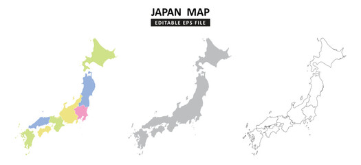 Obraz premium Japan map variations are colour coded by regions, solid grey silhouette and outlined with regional borders.