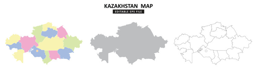 Obraz premium Kazakhstan map variations are colour coded by regions, solid grey silhouette and outlined with regional borders.