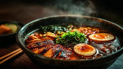 close up big bowl Japanese style ramen with roasted duck , fusion food 