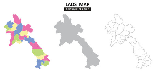 Obraz premium Laos map variations are colour coded by regions, solid grey silhouette and outlined with regional borders.