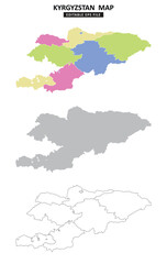 Kyrgyzstan map variations are colour coded by regions, solid grey silhouette and outlined with regional borders.