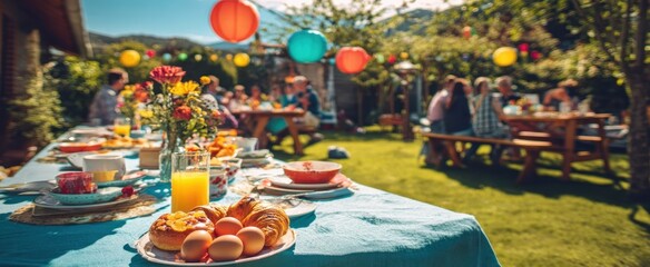Naklejka na ściany i meble The vibrant garden party with delicious food and joyful gatherings.