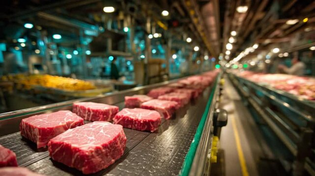 fresh cut beef fillet on convey belt at  factory