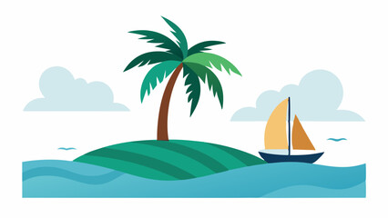 Tropical Island Illustration with Palms Waves and Sailboat