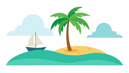 Tropical Island Illustration with Palms Waves and Sailboat