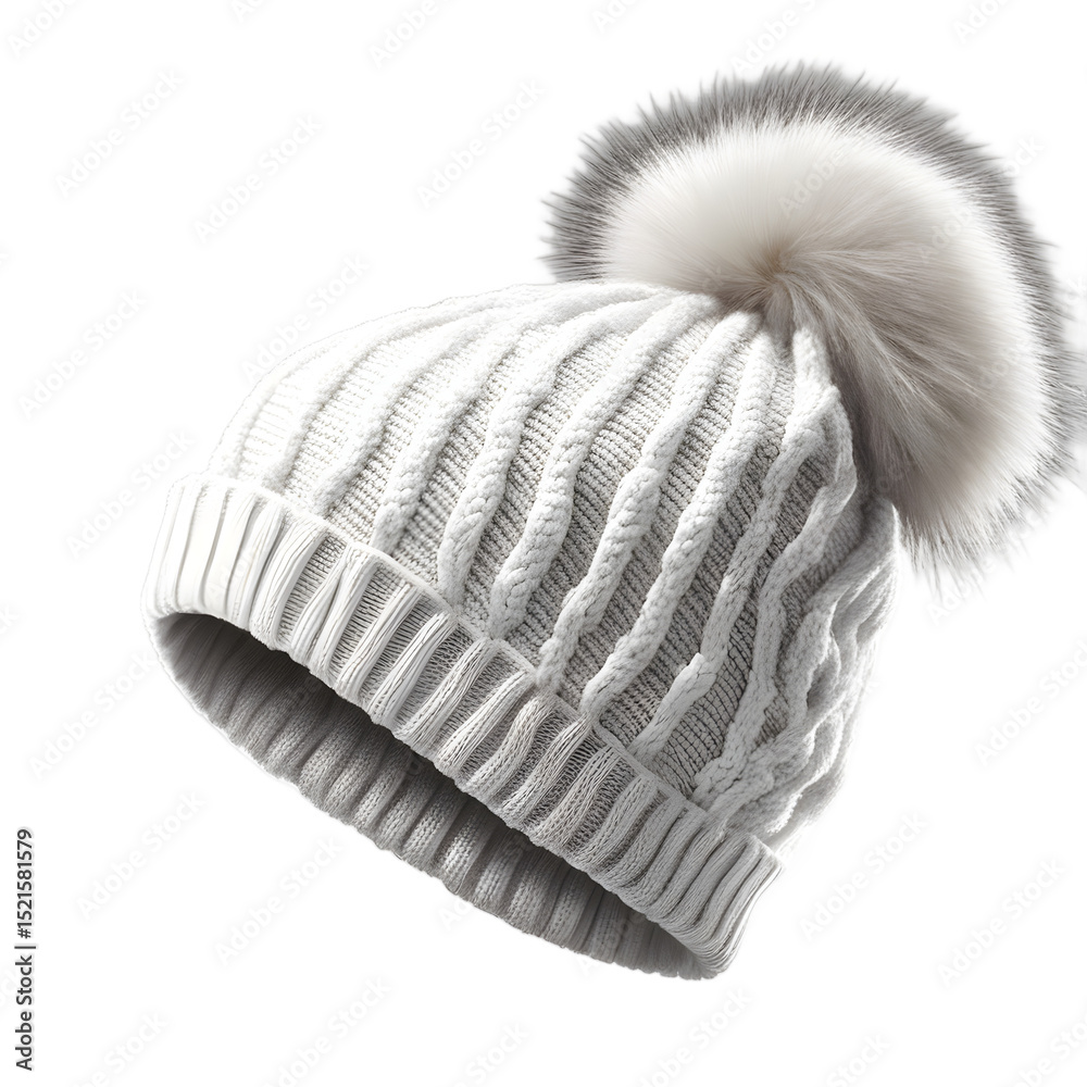 Poster White snow cap beanie with pompom, isolated on a empty plain background