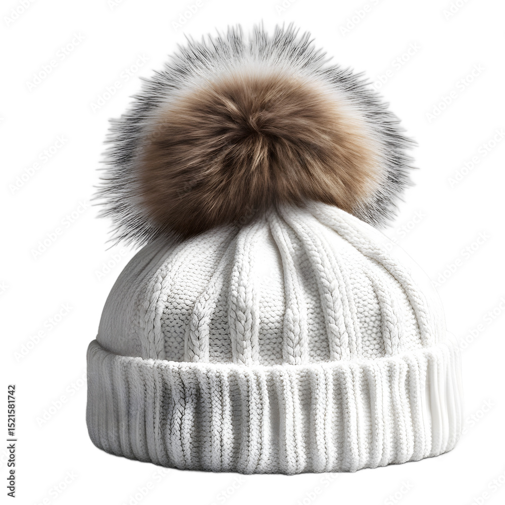Poster White snow cap beanie with pompom, isolated on a empty plain background