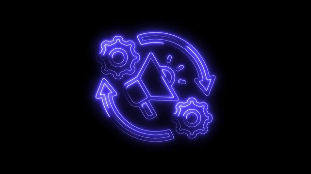 Neon digital marketing strategy flow chart with arrows and gears animation