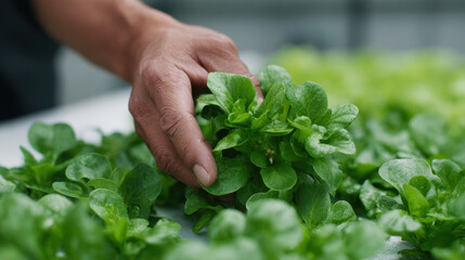 Hand harvesting fresh green lettuce leaves in garden