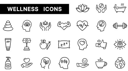 Wellness and Health Outline Icons Set Featuring Meditation, Fitness, Mental Health, and Self-Care Symbols