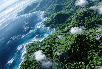 A top-down view of the Earth with forests and rivers, symbolizing environmental care
