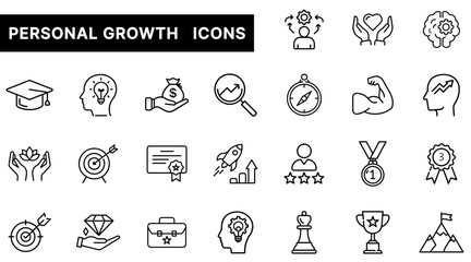 Personal Growth and Development Outline Icons Set Featuring Achievement, Mindset, Goals, and Success Symbols