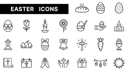 Easter Celebration Outline Icons Set Featuring Eggs, Cross, Church, Flowers, and Holiday Symbols