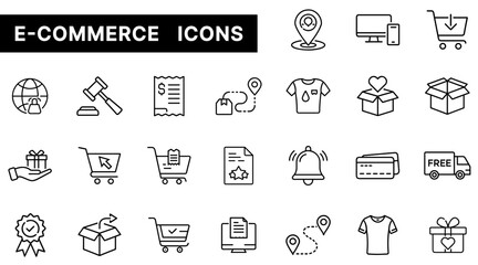 E-Commerce Icon Set Featuring Online Shopping, Carts, Packages, Delivery, and Payment Elements in Outline Style