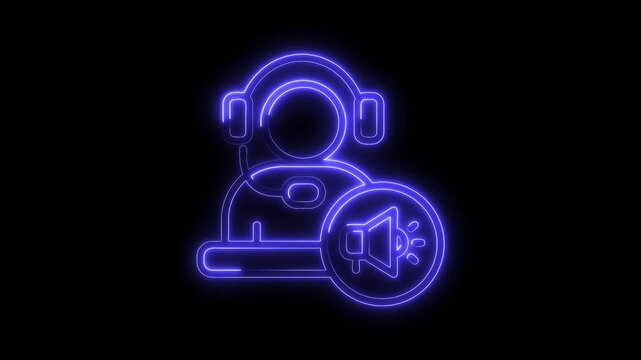 Neon customer support with announcement speaker animation on black background loop