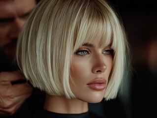 Naklejka premium Stylish Portrait of a Model with Asymmetric Bob Cut and Wig