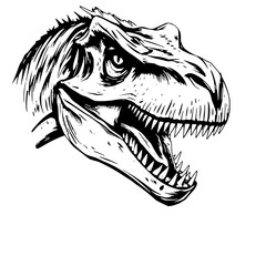 Tyrannosaurus Rex Head: A fierce monochrome line art illustration of a T-Rex head, showcasing sharp teeth and intense eyes in a dynamic pose.