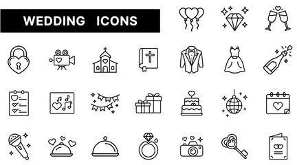 Wedding Icon Set Featuring Rings, Church, Dresses, Decorations, and Celebration Essentials in Outline Style