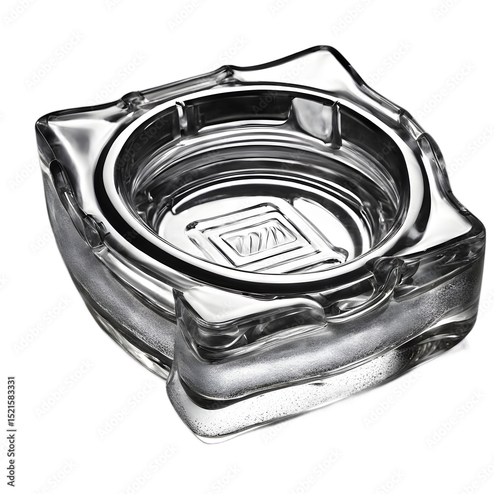Poster glass ashtray with grooved edges, isolated on a empty plain background