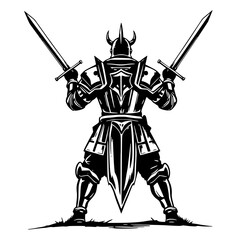 Medieval Knight: A bold monochrome line art illustration depicts a knight from behind, wielding two swords, showcasing his formidable armor and helmet.