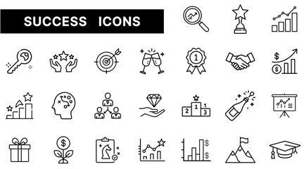 Success and Achievement Icon Set Featuring Trophies, Medals, Goals, Growth Charts, and Celebration Elements in Outline Style