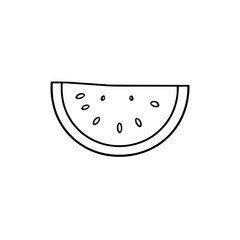 Watermelon Slice: A simple line art illustration of a juicy watermelon slice, showcasing its refreshing design and seeds against a white background.
