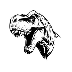 T-Rex Roars: A fierce monochrome line art illustration of a Tyrannosaurus Rex head, showcasing its sharp teeth and intense gaze.