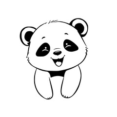 Playful Panda Cub: A charming black and white line art illustration of a happy baby panda, showcasing its adorable features and cheerful expression.