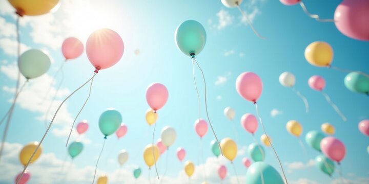Colorful balloons floating against a clear bright blue sky - Powered by Adobe