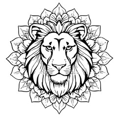 Majestic Lion Mandala: A striking line art illustration showcases a lion's head encircled by an intricate floral mandala, creating a powerful and serene visual.
