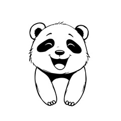 Joyful Panda Cub: A charming black and white line art illustration of a happy baby panda, showcasing its playful expression and adorable features against a clean white background.