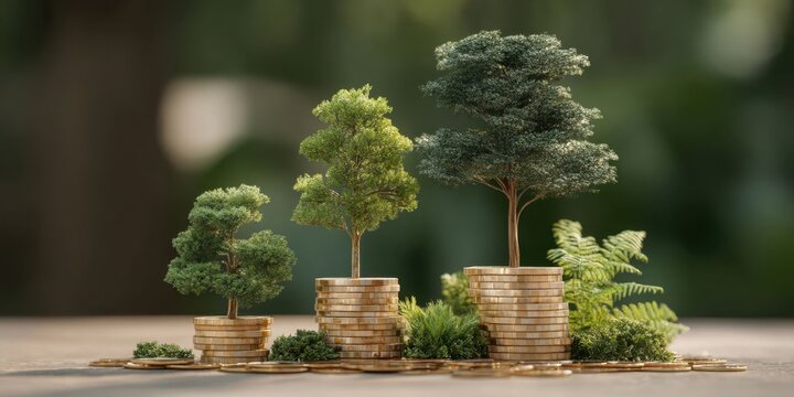 Trees Growing on Stacks of Coins Symbolizing Financial Growth and Sustainability