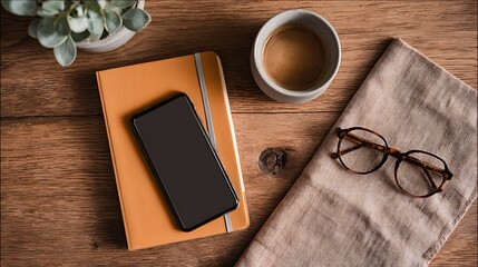 Fototapeta premium Phone on Notebook with Coffee and Glasses