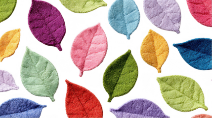 Seamless pattern of colorful knitted leaves on a transparent background offers a vibrant and textured design, perfect for various creative projects