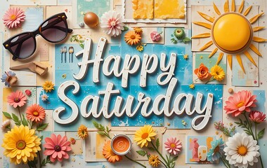 Happy Saturday Collage Featuring Flowers and Vintage Elements. A vibrant and cheerful collage featuring the phrase "Happy Saturday" in large, stylized, white lettering.