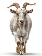 Fototapeta premium Confident White Goat Walking Towards Camera with Big Curved Horns – Studio Shot on White Background