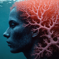 Surreal Human Coral Fusion Portrait, Organic Marine Art, Psychedelic Nature Hybrid